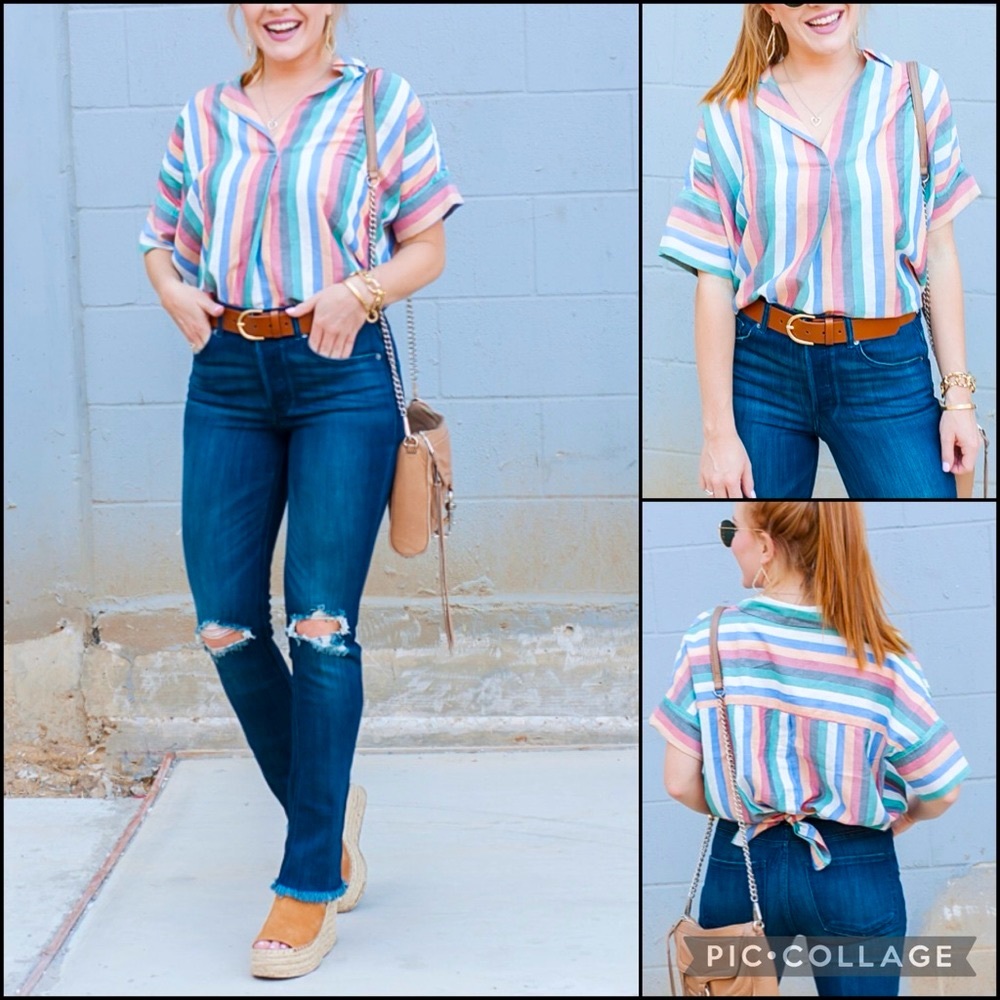 Madewell Rainbow Striped Collared Dolman Sleeve Button-Up Back Coattails Shirt - Picture 2 of 15